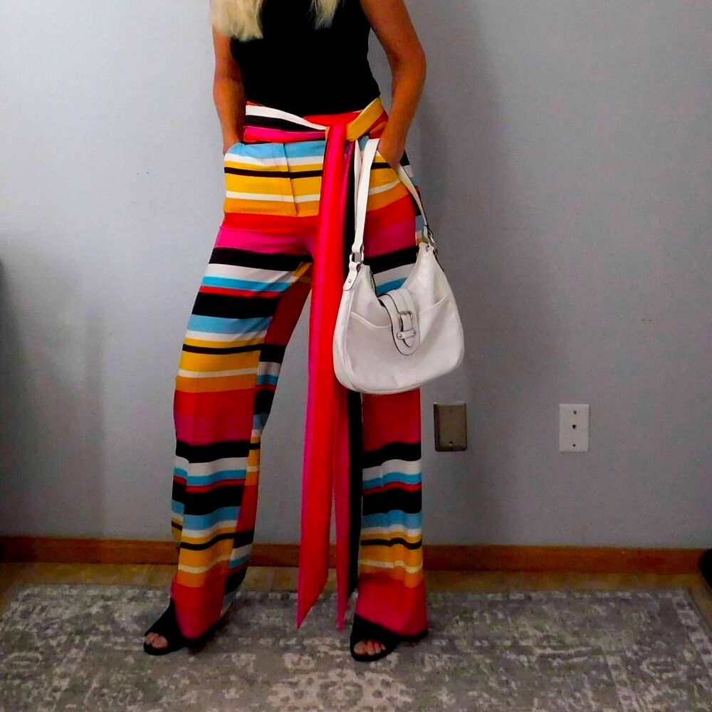 New York & Company 8 Tall Striped wide leg pant with sash NWOT